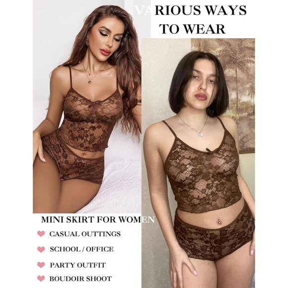 🆕Women Brown Lace Bra and Panty Set V Neck Baby doll 2 Piece Mesh Bralette Set - Picture 5 of 6